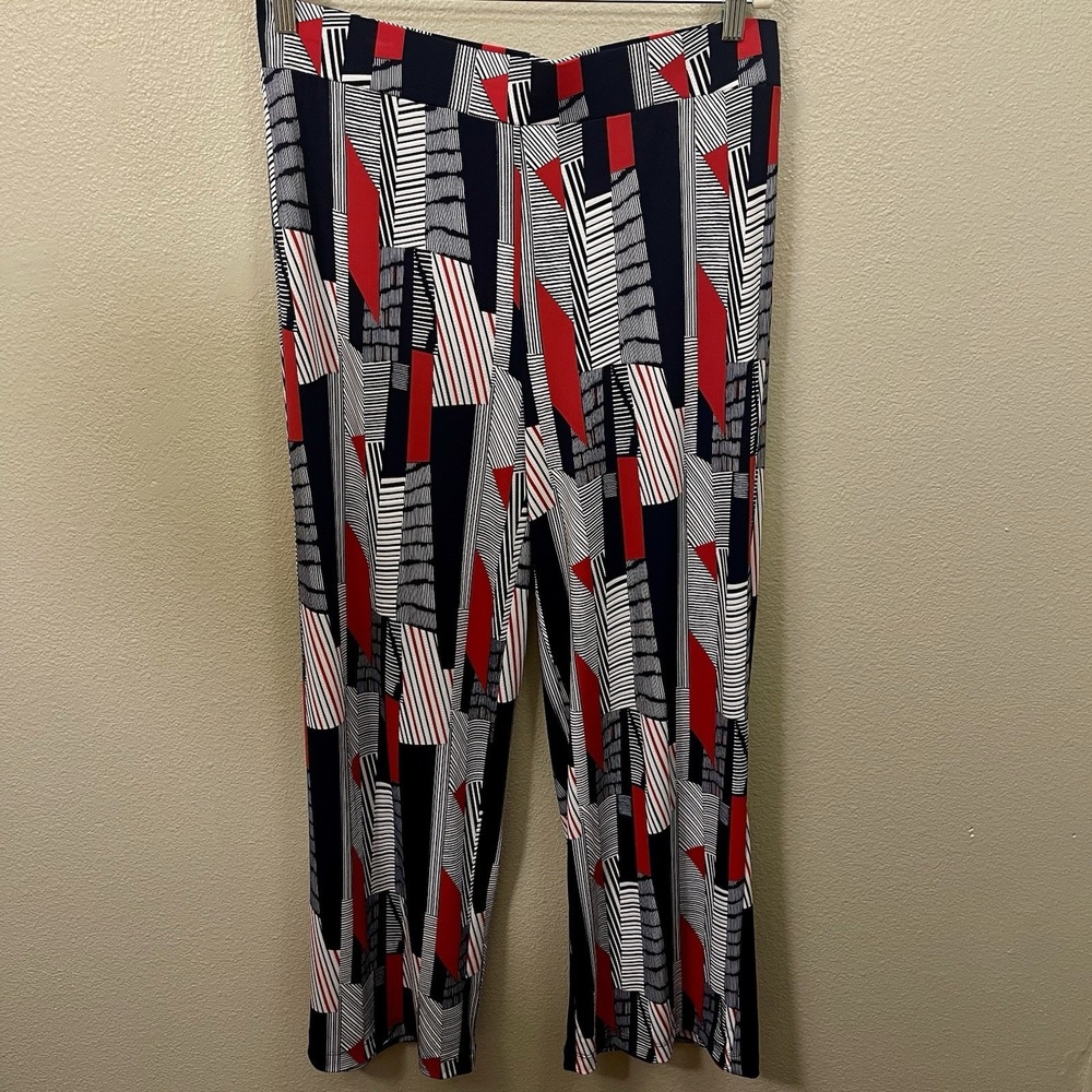 Roz & Ali Wide Leg Summer Pants White Navy‎ Red Pull On Abstract Nautical Sz L